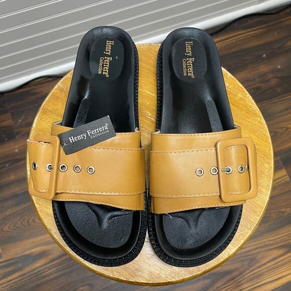 NWT Henry Ferrera Large Buckle Tan & Black Slides - Picture 2 of 12